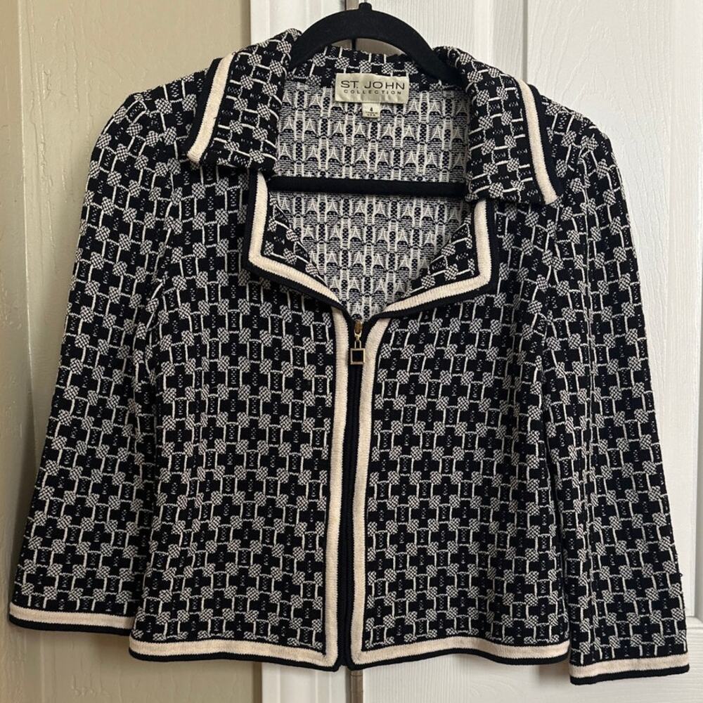 St. John Collection Black & Cream Geometric Knit Zip-Up Jacket Blazer Size 4
